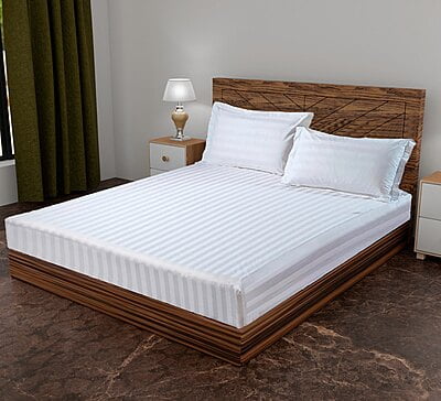 Fitted Bedsheet Glace Cotton 400 TC - Striped - White Fitted Bedsheet Glace Cotton 400 TC - Striped - White